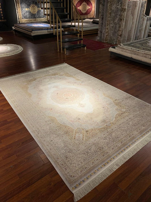 7x10 Beige Luxury Modal Silk Rug, Oriental Medallion Area Rug, High Quality Turkish Style Carpet