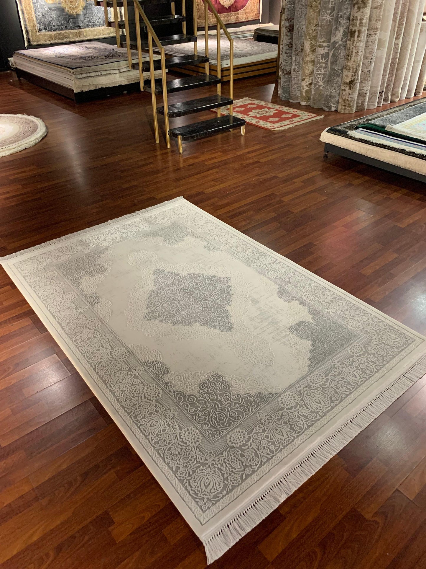5x8 Gray Beige Area Rug, Modern Living Room Rug, Soft Acrylic Carpet for Home or Office