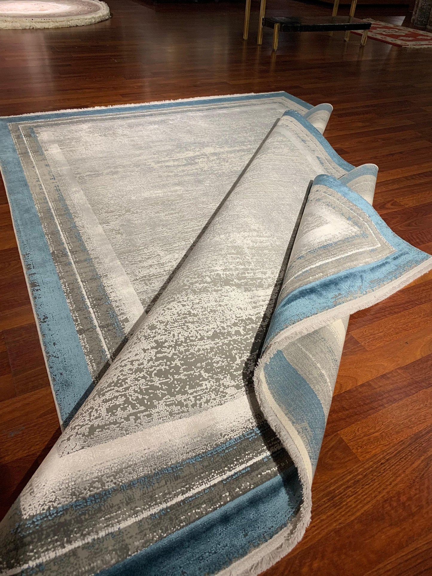 5x8 Gray Blue Area Rug, Modern Living Room Carpet, Acrylic Viscose Home Rug