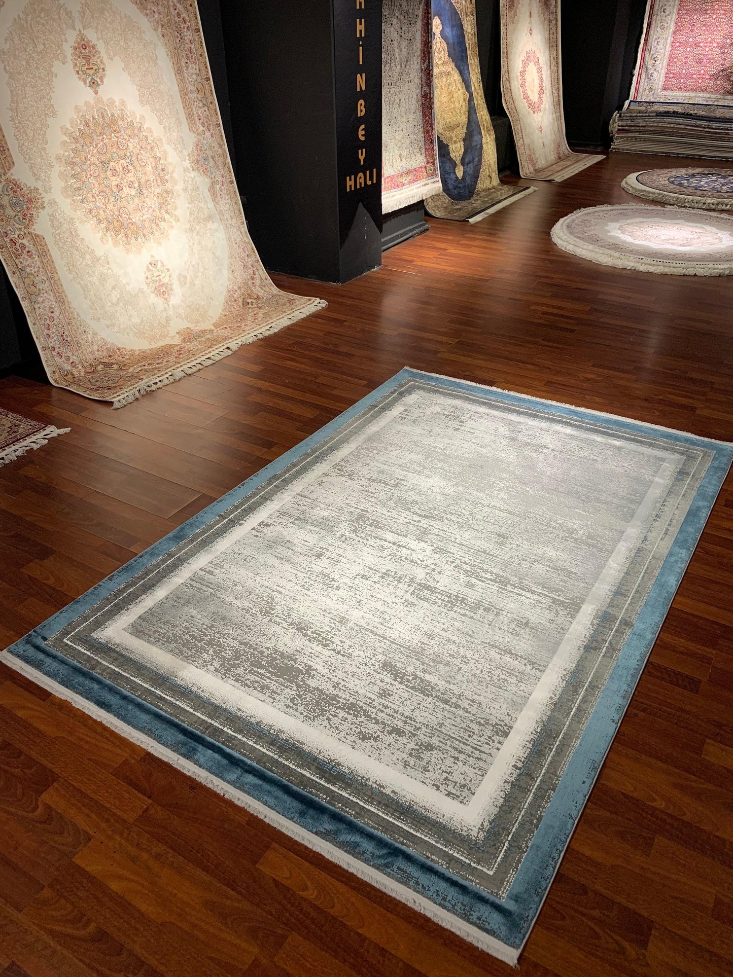 5x8 Gray Blue Area Rug, Modern Living Room Carpet, Acrylic Viscose Home Rug