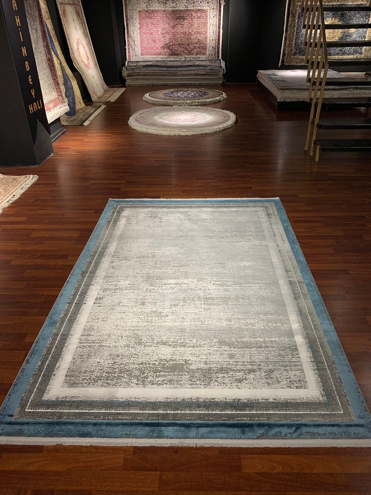 5x8 Gray Blue Area Rug, Modern Living Room Carpet, Acrylic Viscose Home Rug