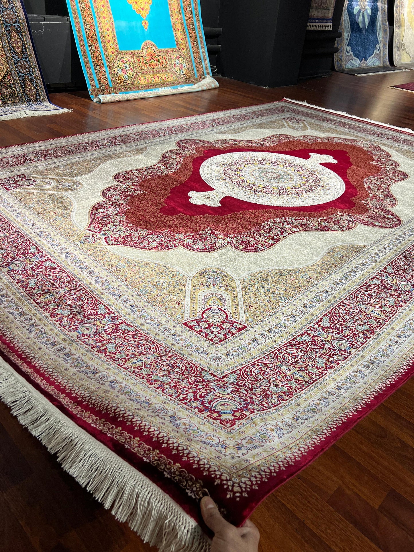 8x11 ft Red Beige Silk Rug Luxury Floral Medallion Area Rug Elegant Classic Living Room Rug Decorative Statement Carpet