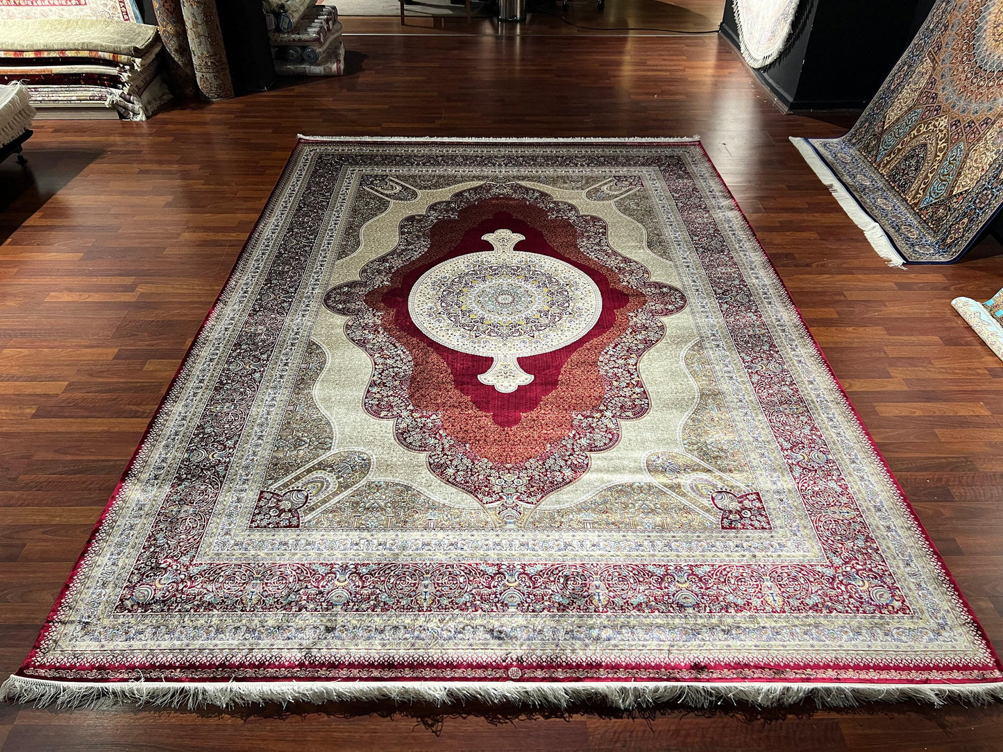 8x11 ft Red Beige Silk Rug Luxury Floral Medallion Area Rug Elegant Classic Living Room Rug Decorative Statement Carpet