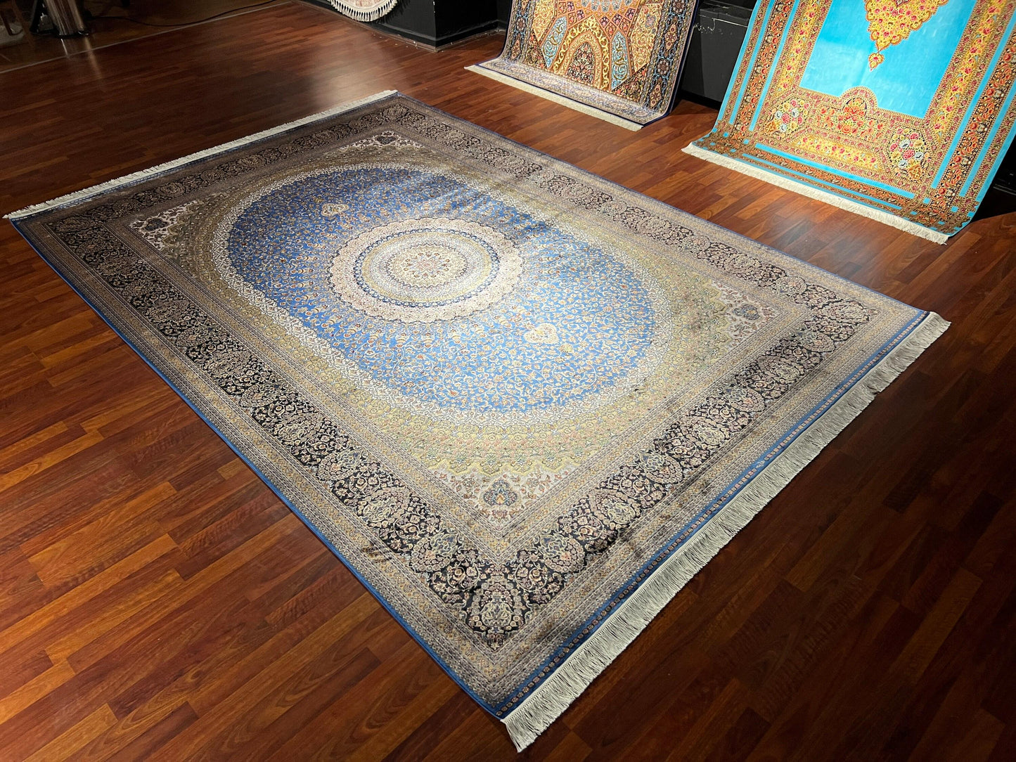 8x11 ft Blue Silk Rug, Luxury Large Area Rug, Elegant Medallion Living Room Rug, Classic Decorative Palace Style Carpet