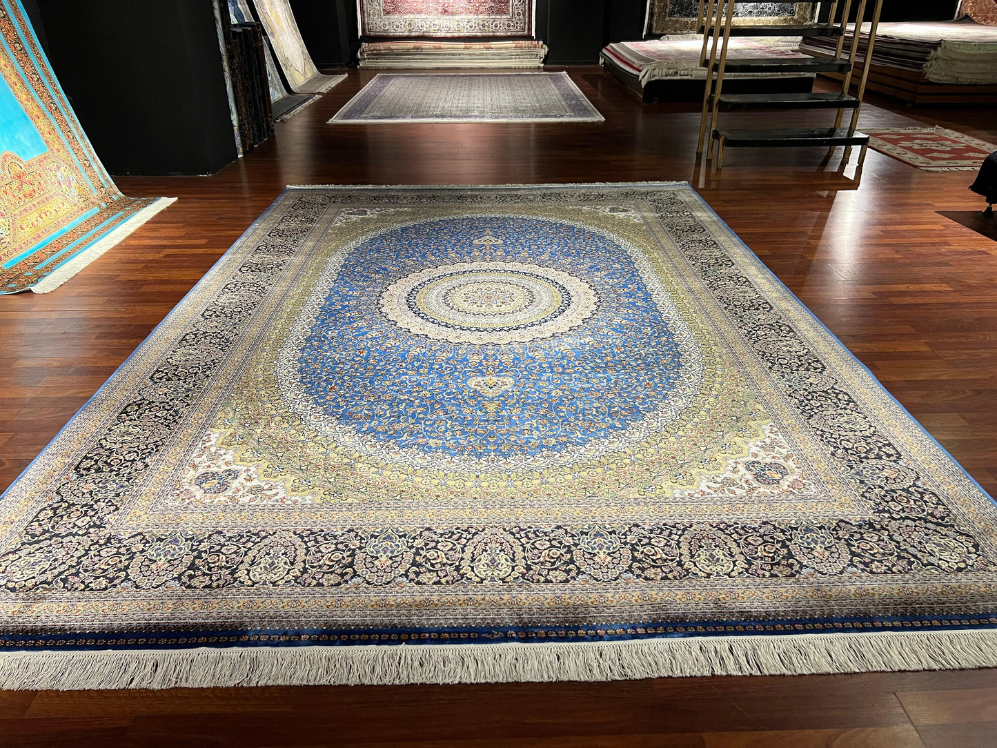 8x11 ft Blue Silk Rug, Luxury Large Area Rug, Elegant Medallion Living Room Rug, Classic Decorative Palace Style Carpet