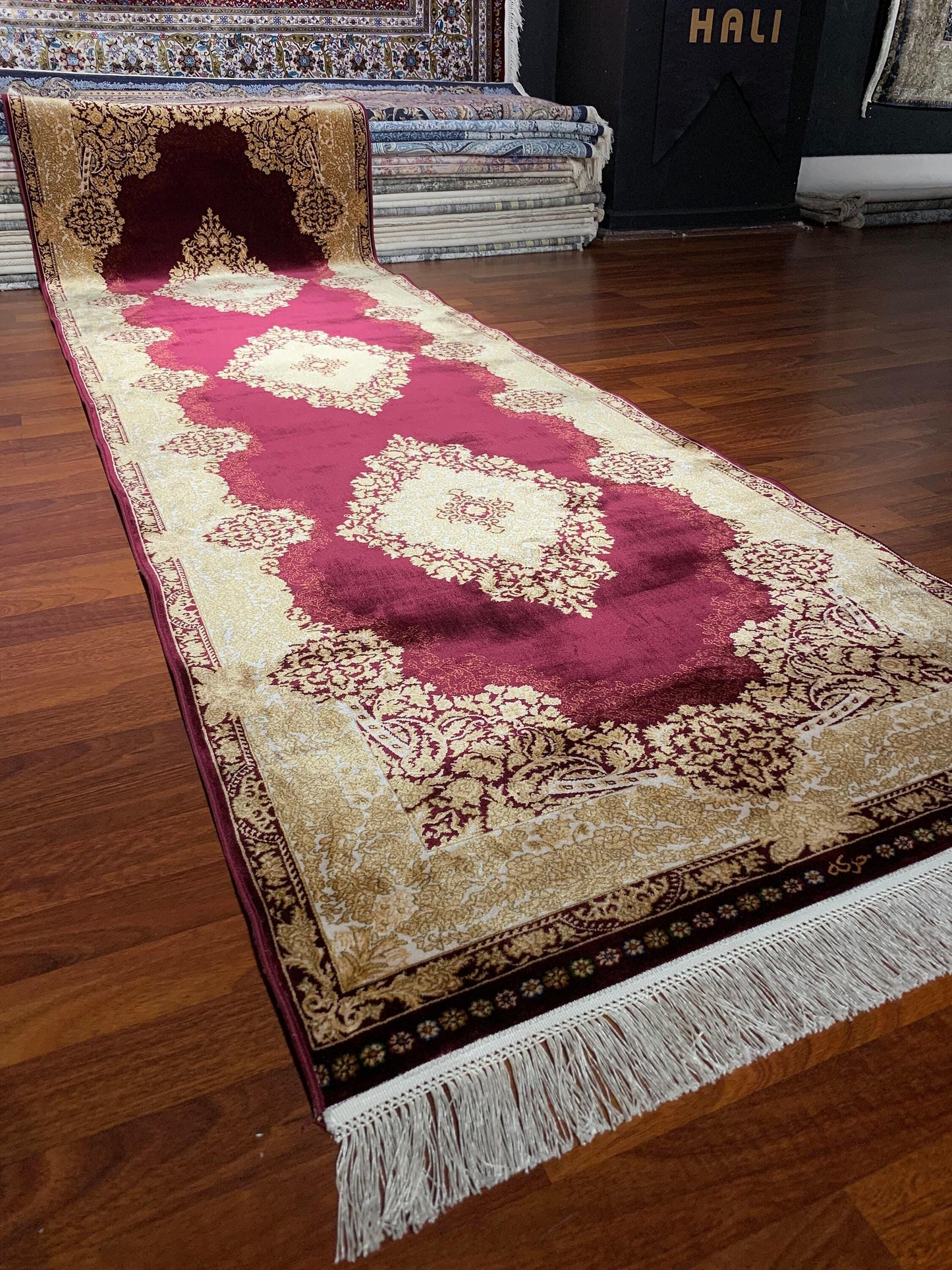 3x10 Red Silk Runner Rug, Gold Pattern Luxury Hallway Carpet, Modal Silk Area Rug