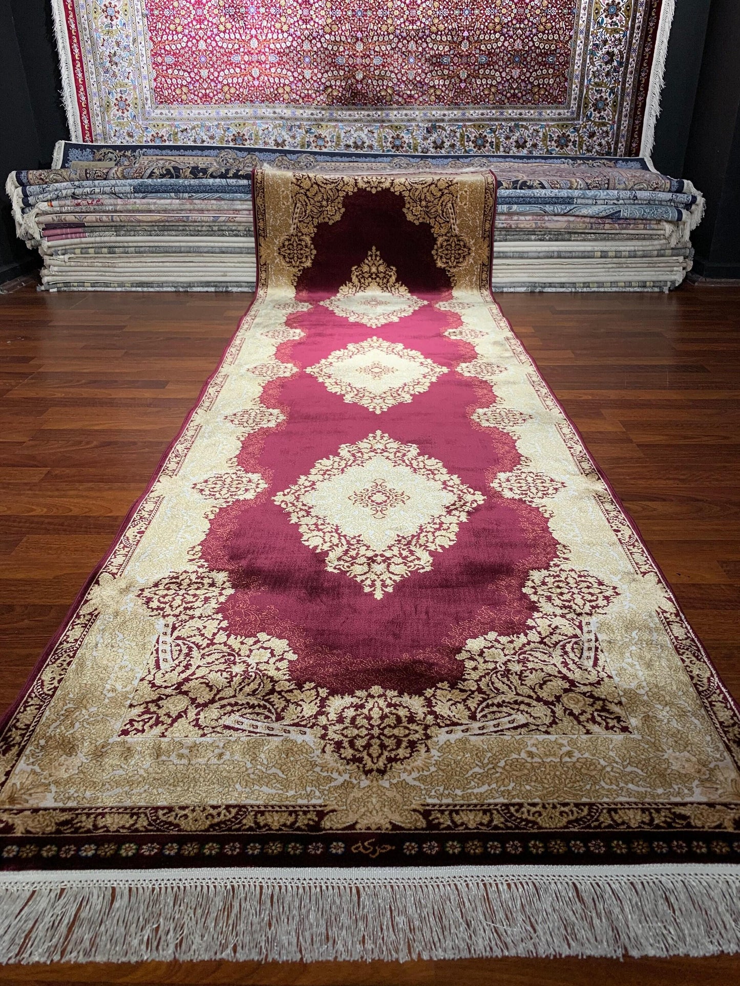 3x10 Red Silk Runner Rug, Gold Pattern Luxury Hallway Carpet, Modal Silk Area Rug