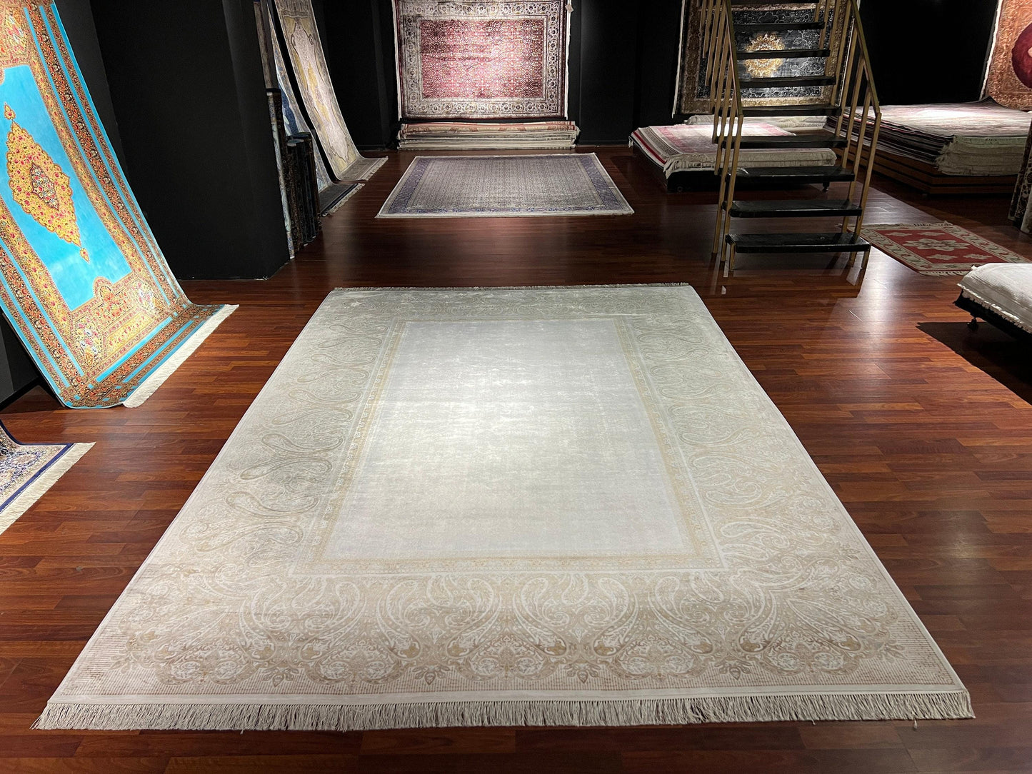 8x11 ft Beige Silk Rug, Luxury Medallion Area Rug, Elegant Classic Living Room Rug, Soft Decorative Large Carpet