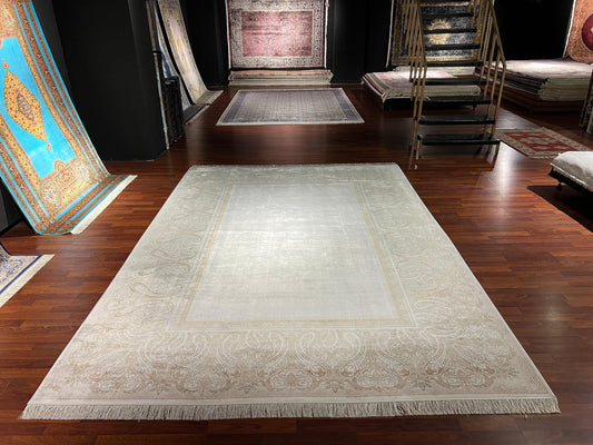 8x11 ft Beige Silk Rug, Luxury Medallion Area Rug, Elegant Classic Living Room Rug, Soft Decorative Large Carpet