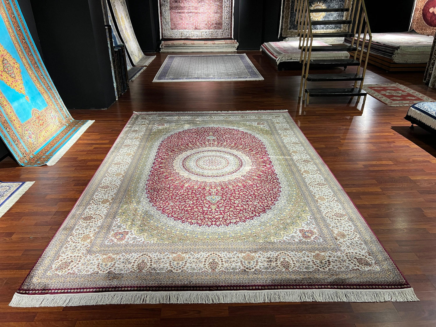 8x11 ft Beige Red Silk Rug, Luxury Medallion Area Rug, Elegant Classic Living Room Rug, Decorative Palace Style Carpet