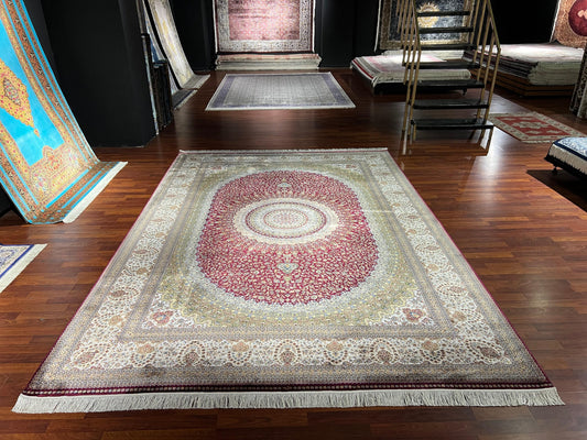 8x11 ft Beige Red Silk Rug, Luxury Medallion Area Rug, Elegant Classic Living Room Rug, Decorative Palace Style Carpet