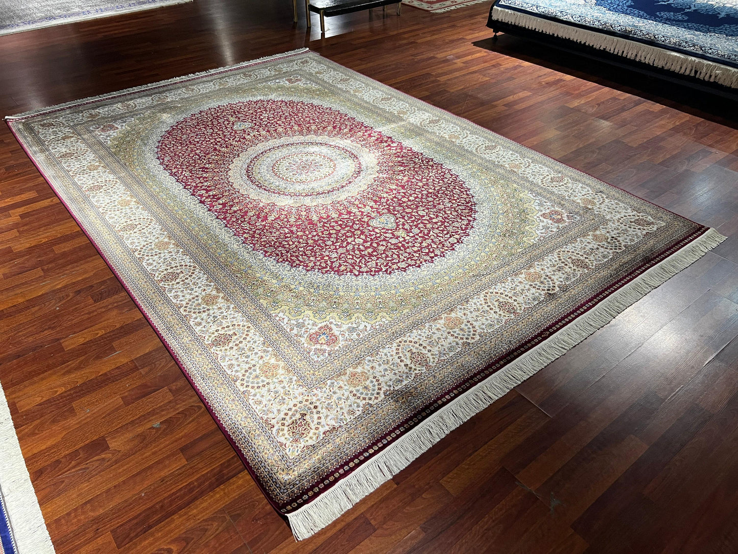 8x11 ft Beige Red Silk Rug, Luxury Medallion Area Rug, Elegant Classic Living Room Rug, Decorative Palace Style Carpet