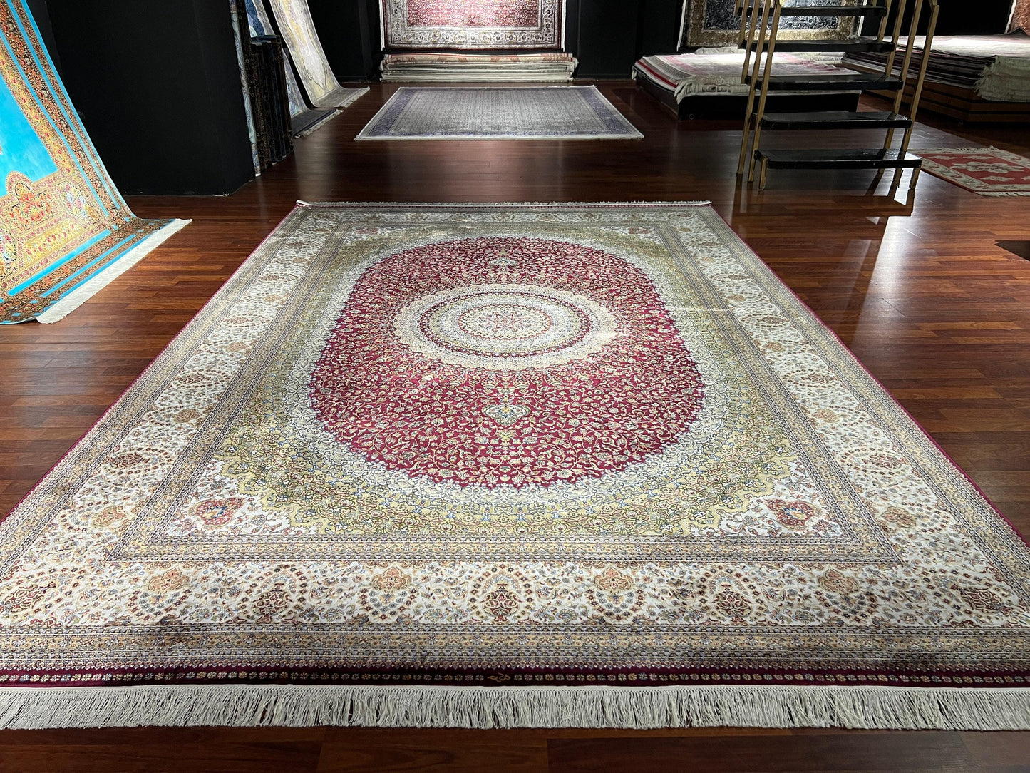 8x11 ft Beige Red Silk Rug, Luxury Medallion Area Rug, Elegant Classic Living Room Rug, Decorative Palace Style Carpet