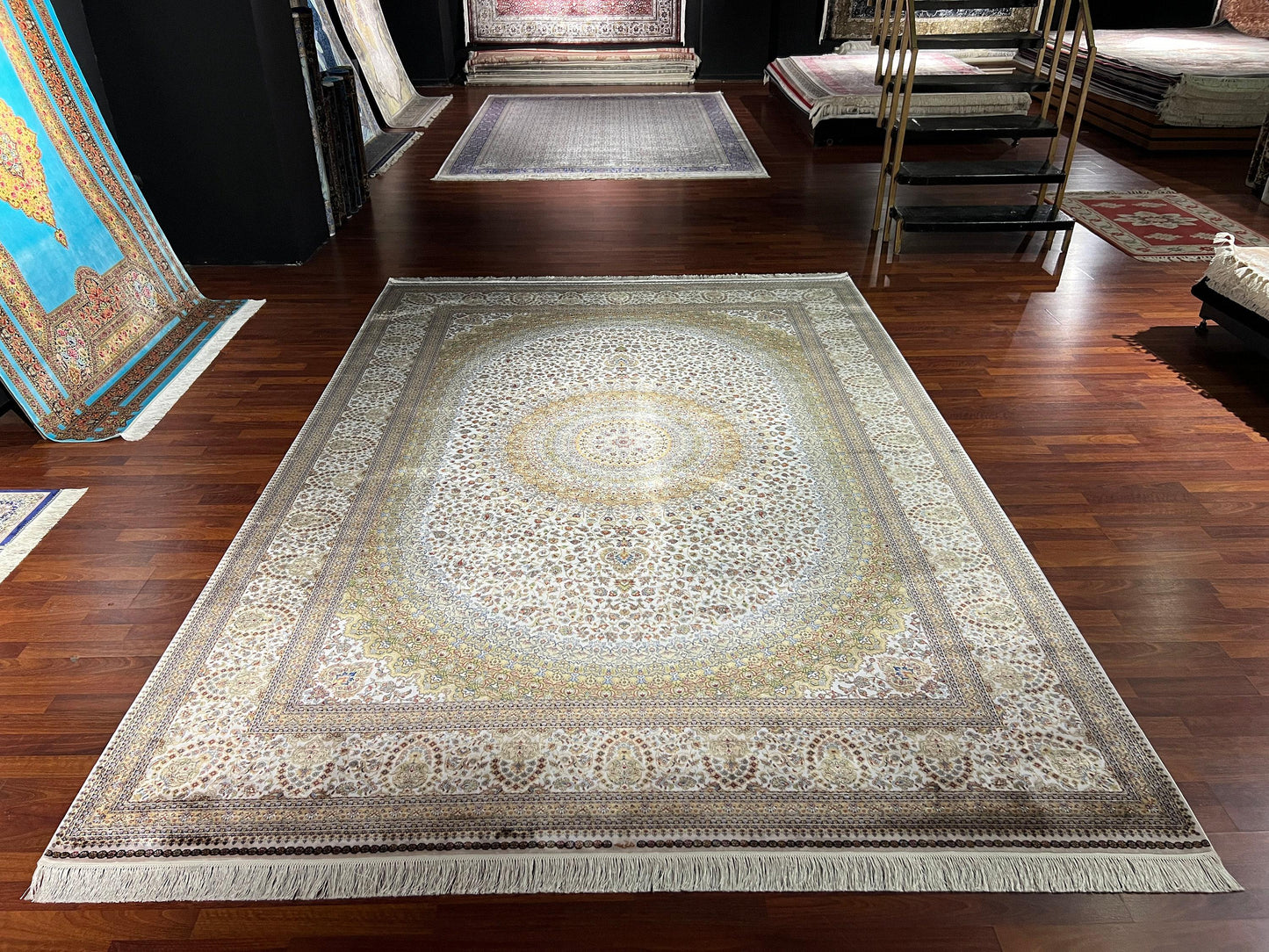8x11 ft Beige Silk Rug, Luxury Large Area Rug, Elegant Classic Living Room Rug, Soft Decorative Palace Style Carpet