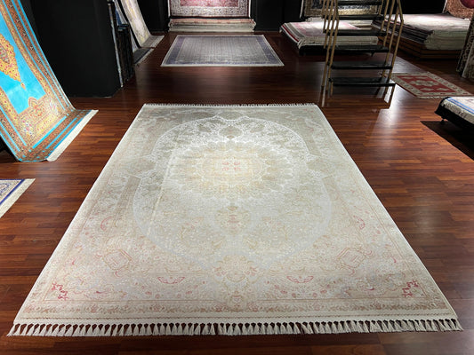 8x11 ft Beige Silk Rug, Luxury Oversized Area Rug, Elegant Medallion Living Room Rug, Soft Classic Decorative Carpet