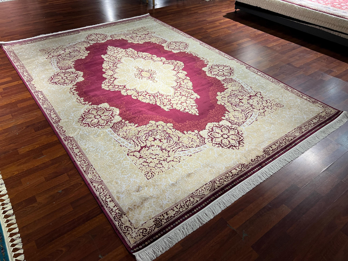 8x11 ft Gold Beige Bamboo Silk Rug, Luxury Large Area Rug, Elegant Medallion Living Room Rug, Soft Decorative Oversized Carpet