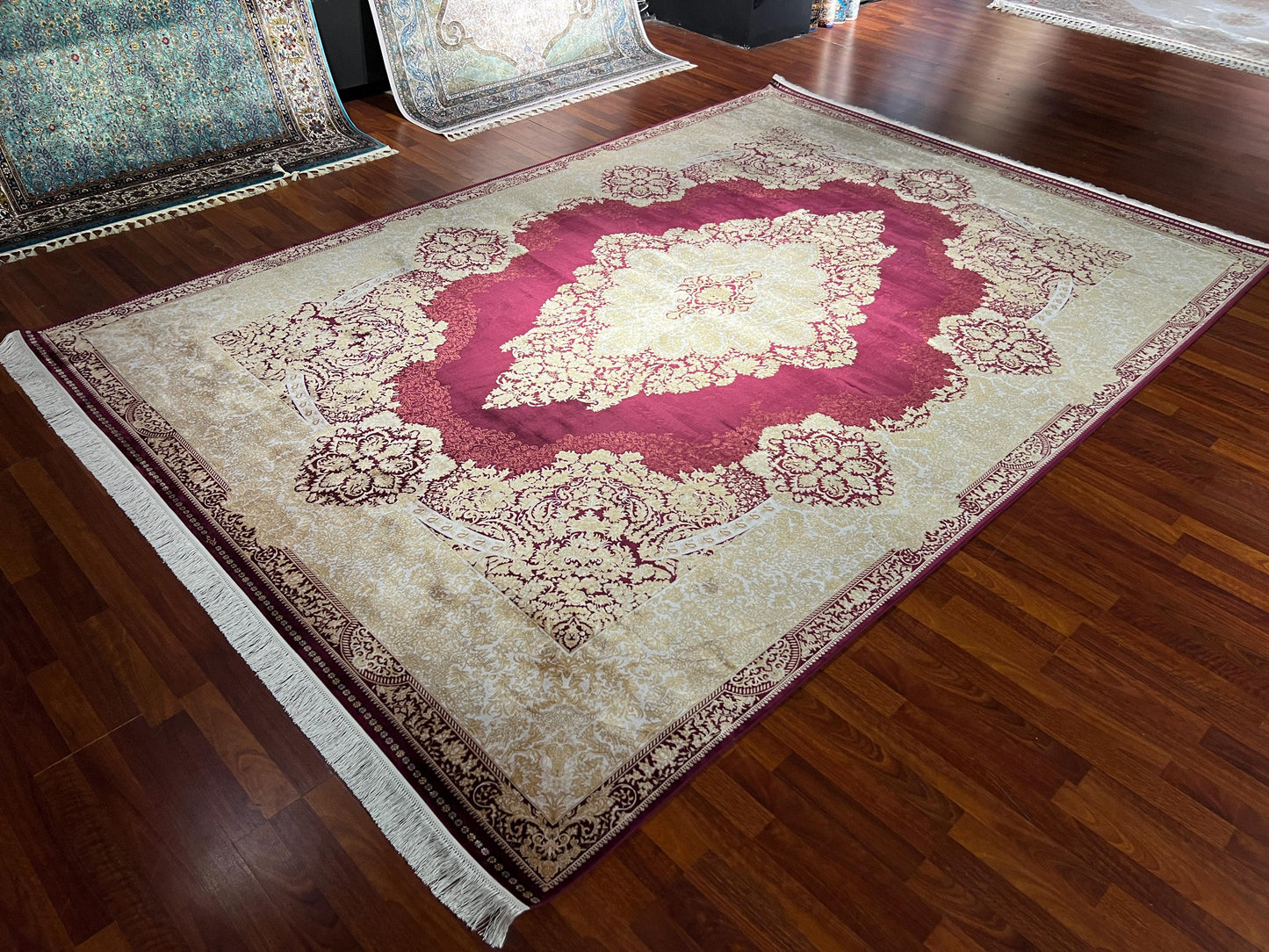 8x11 ft Gold Beige Bamboo Silk Rug, Luxury Large Area Rug, Elegant Medallion Living Room Rug, Soft Decorative Oversized Carpet