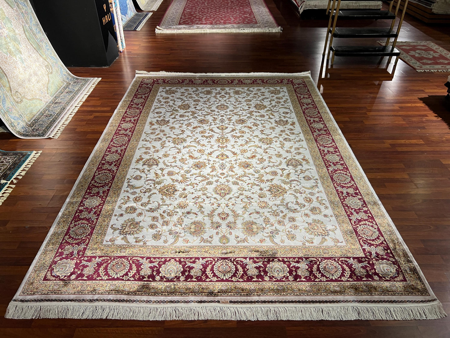 8x11 ft Red Floral Bamboo Silk Rug, Luxury Large Area Rug, Elegant Classic Living Room Rug, Soft Decorative Oversized Carpet