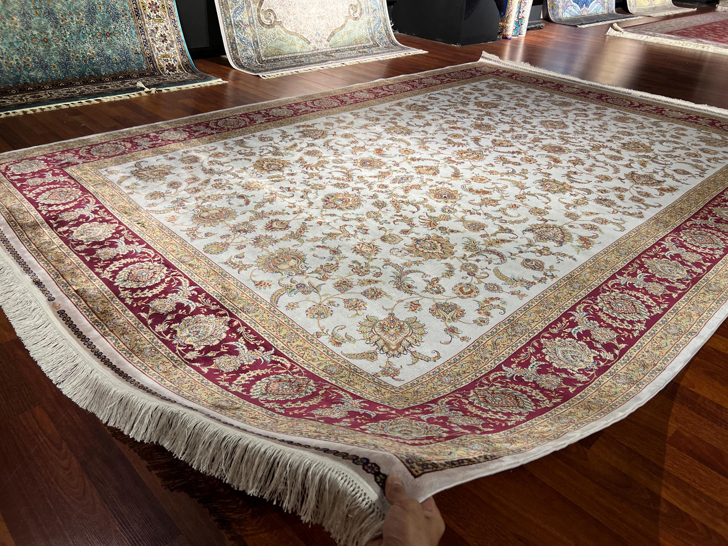 8x11 ft Red Floral Bamboo Silk Rug, Luxury Large Area Rug, Elegant Classic Living Room Rug, Soft Decorative Oversized Carpet