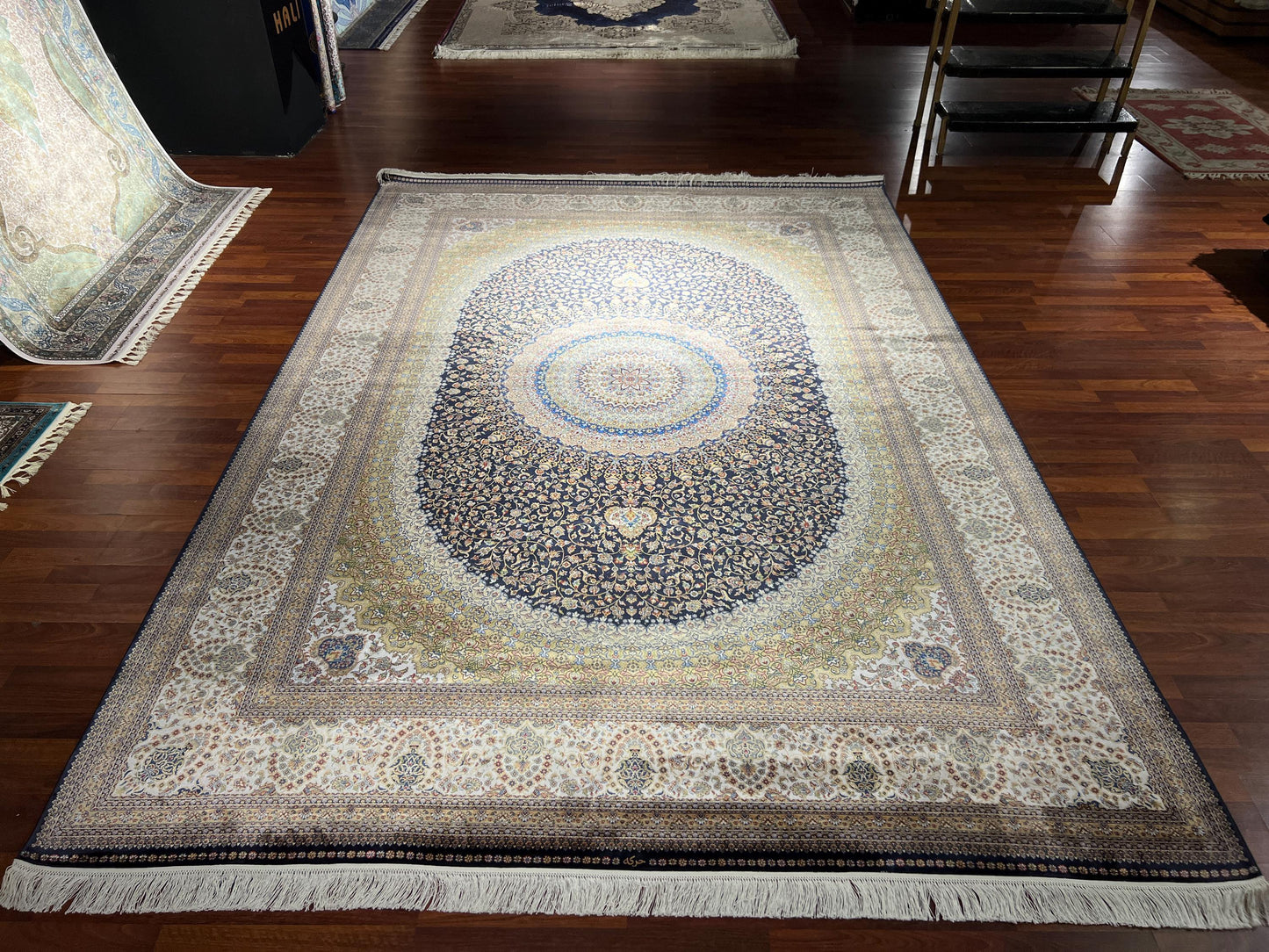8x11 ft Beige Gold Silk Rug, Luxury Large Area Rug, Elegant Medallion Living Room Rug, Classic Decorative Soft Carpet