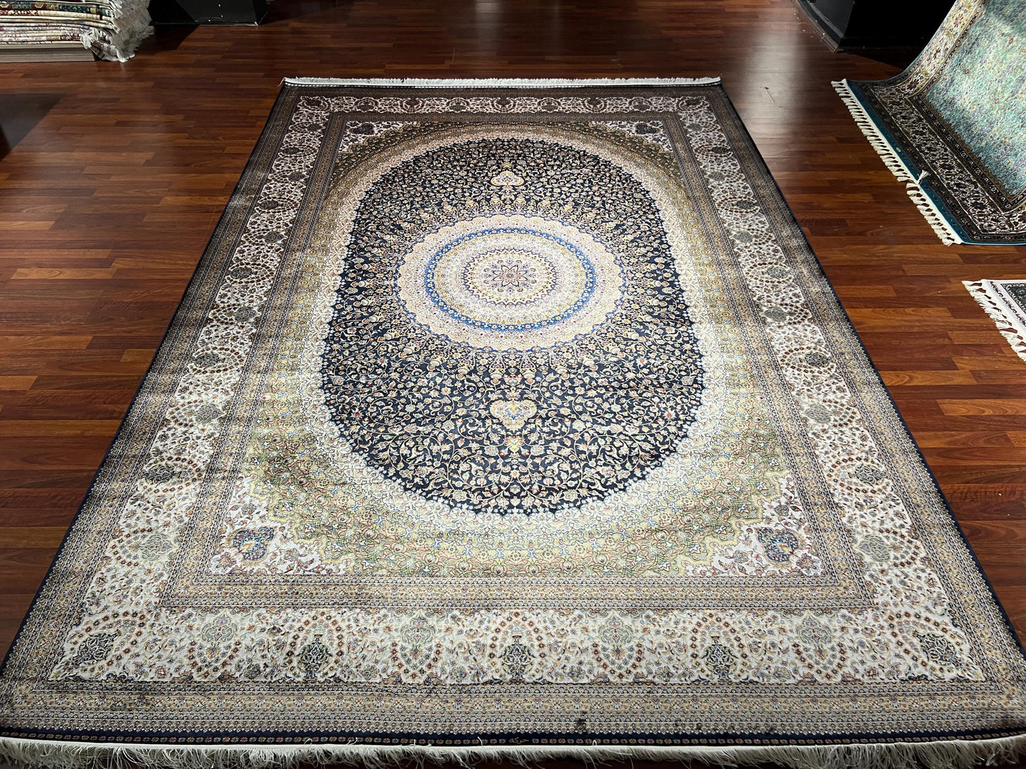 8x11 ft Beige Gold Silk Rug, Luxury Large Area Rug, Elegant Medallion Living Room Rug, Classic Decorative Soft Carpet