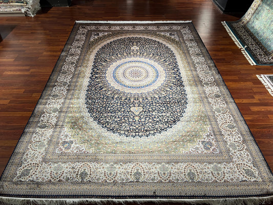 8x11 ft Beige Gold Silk Rug, Luxury Large Area Rug, Elegant Medallion Living Room Rug, Classic Decorative Soft Carpet