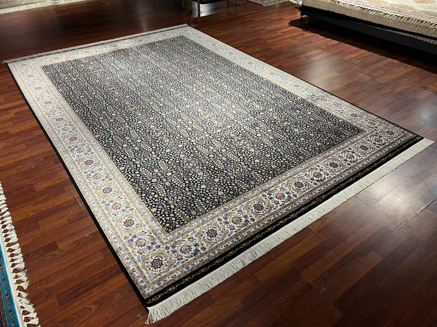 8x11 ft Black Floral Silk Rug, Luxury Large Area Rug, Elegant Classic Living Room Rug, Dense Pattern Decorative Soft Carpet