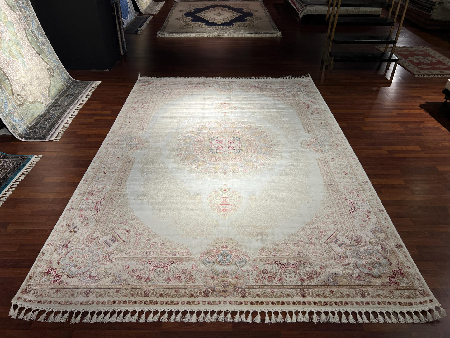 8x11 ft Gold Beige Silk Rug, Luxury Large Area Rug, Elegant Medallion Living Room Rug, Classic Decorative Soft Carpet