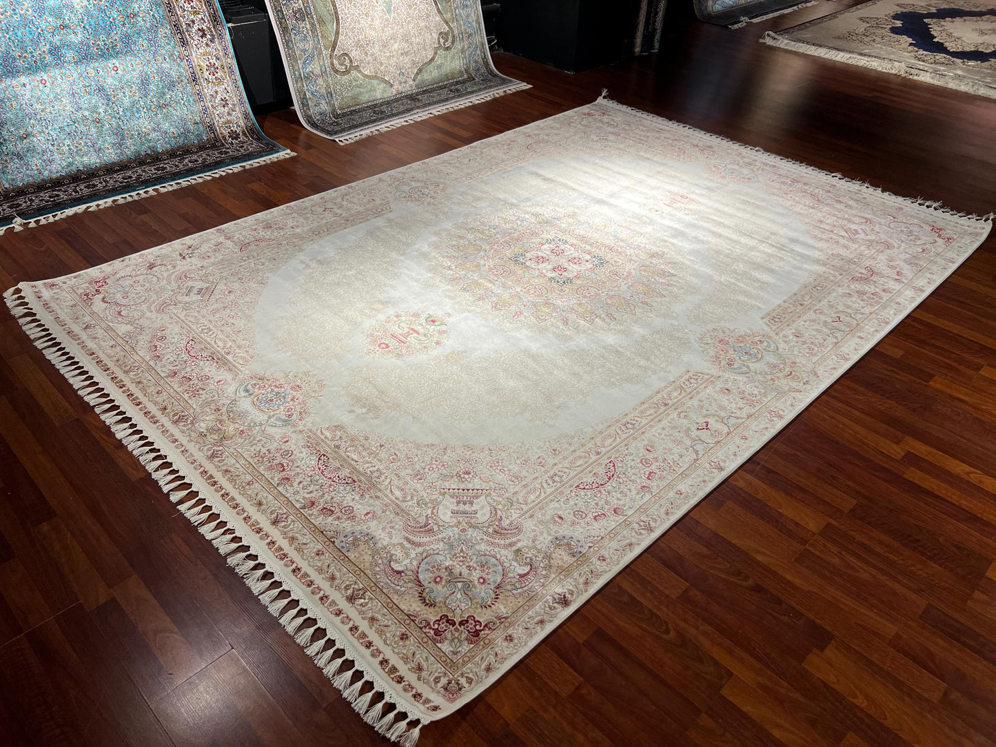 8x11 ft Gold Beige Silk Rug, Luxury Large Area Rug, Elegant Medallion Living Room Rug, Classic Decorative Soft Carpet