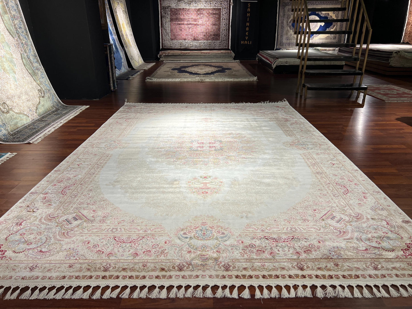 8x11 ft Gold Beige Silk Rug, Luxury Large Area Rug, Elegant Medallion Living Room Rug, Classic Decorative Soft Carpet