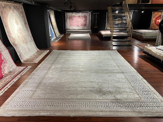 8x11 ft Gray Acrylic Bamboo Rug, Modern Large Area Rug, Minimalist Living Room Rug, Soft Neutral Decorative Carpet