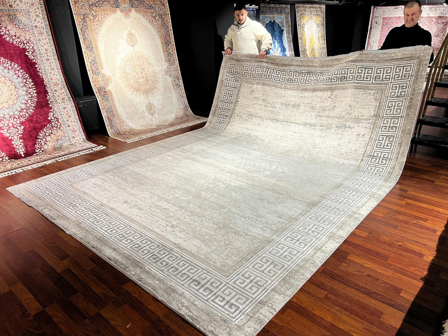 8x11 ft Gray Acrylic Bamboo Rug, Modern Large Area Rug, Minimalist Living Room Rug, Soft Neutral Decorative Carpet