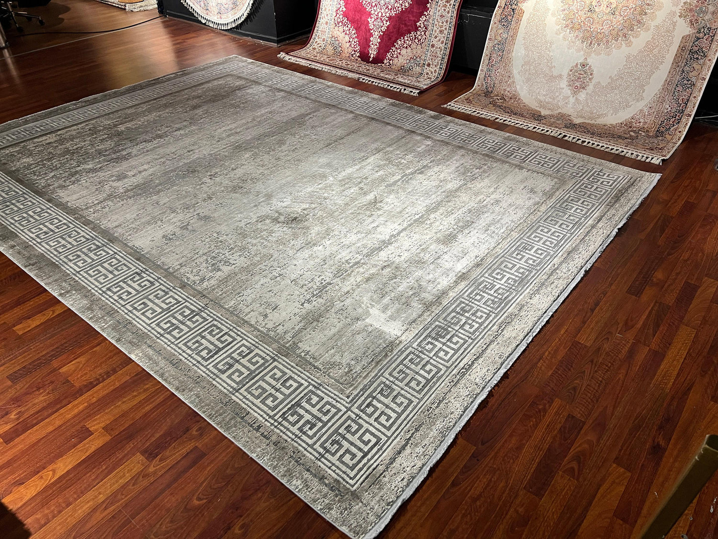 8x11 ft Gray Acrylic Bamboo Rug, Modern Large Area Rug, Minimalist Living Room Rug, Soft Neutral Decorative Carpet