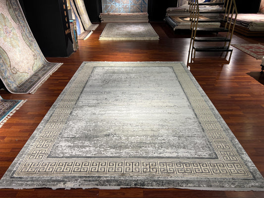 8x11 ft Gray Gold Acrylic Rug, Modern Large Area Rug, Minimalist Living Room Rug, Soft Neutral Decorative Carpet