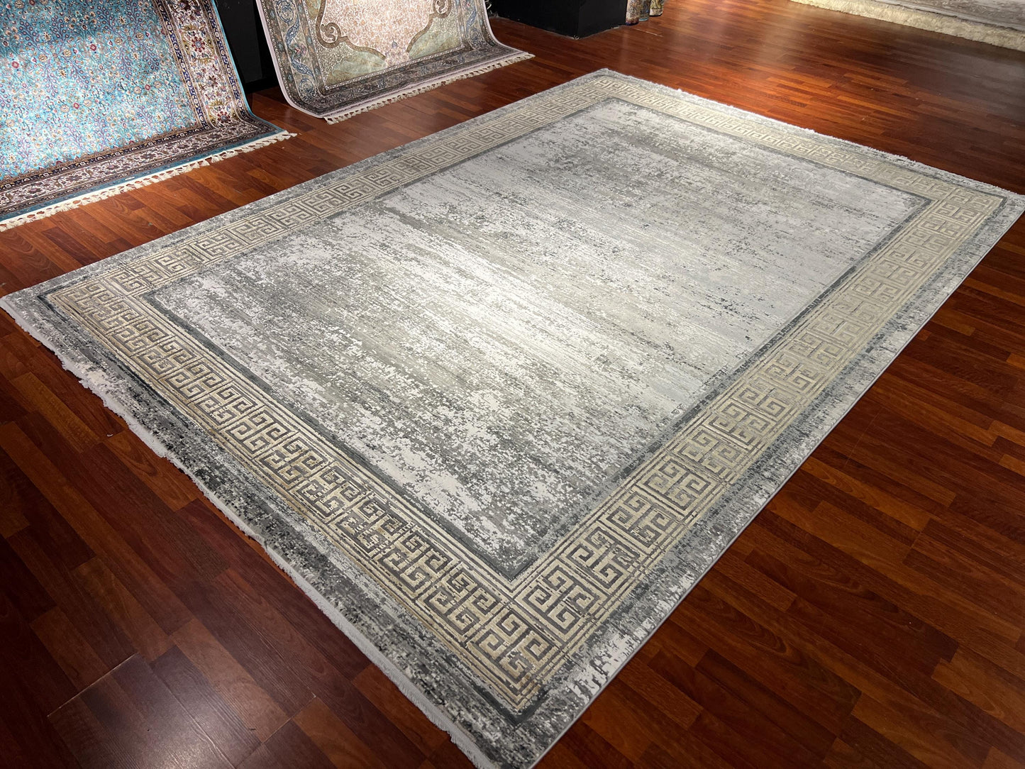 8x11 ft Gray Gold Acrylic Rug, Modern Large Area Rug, Minimalist Living Room Rug, Soft Neutral Decorative Carpet
