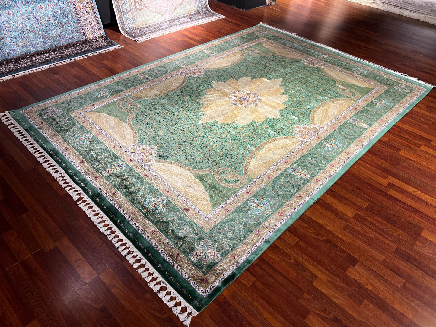 13x20 ft Green Gold Silk Rug, Luxury Large Area Rug, Elegant Medallion Living Room Rug, Classic Decorative Soft Carpet