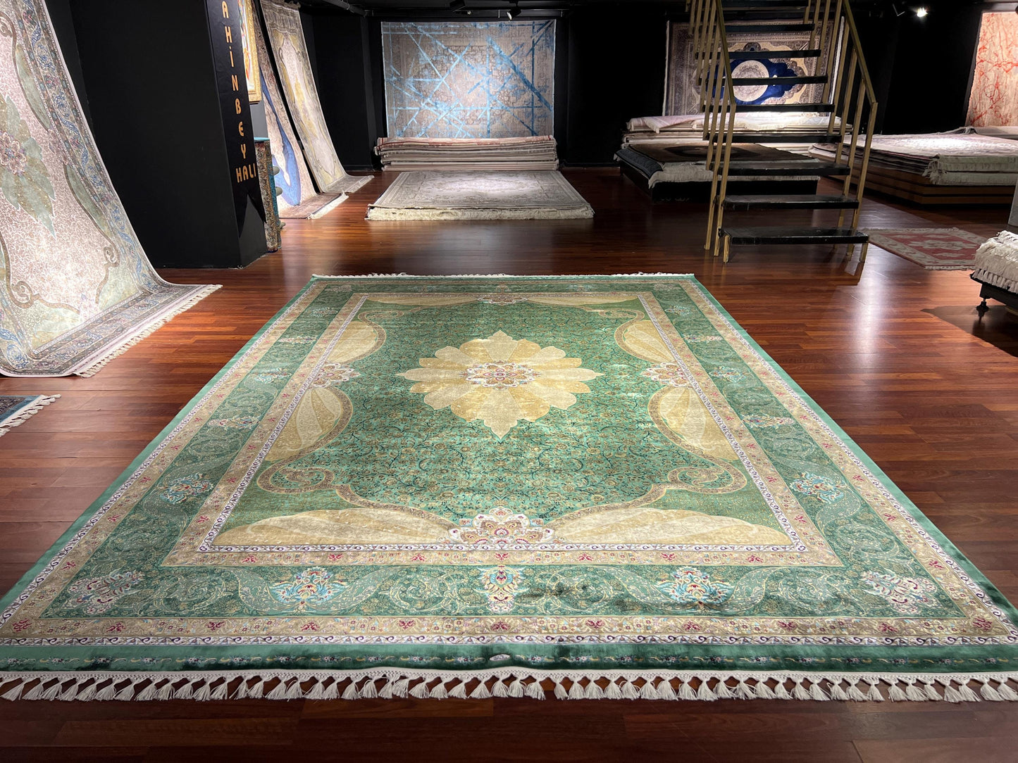 13x20 ft Green Gold Silk Rug, Luxury Large Area Rug, Elegant Medallion Living Room Rug, Classic Decorative Soft Carpet