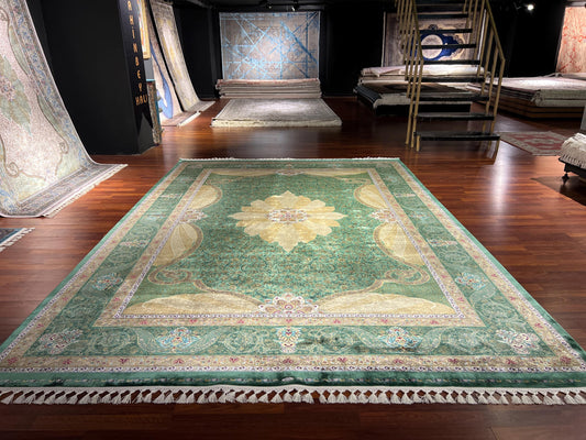 13x20 ft Green Gold Silk Rug, Luxury Large Area Rug, Elegant Medallion Living Room Rug, Classic Decorative Soft Carpet