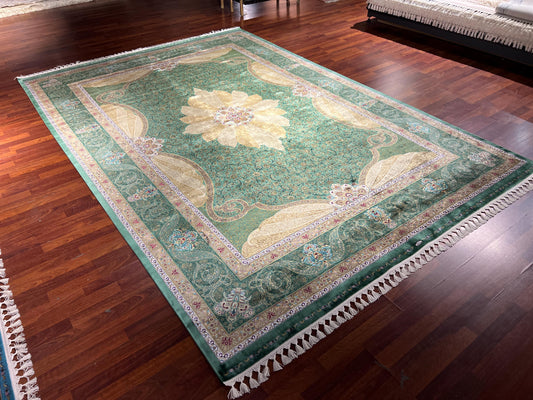 8x11 ft Green Gold Silk Rug, Luxury Large Area Rug, Elegant Medallion Living Room Rug, Classic Decorative Soft Carpet