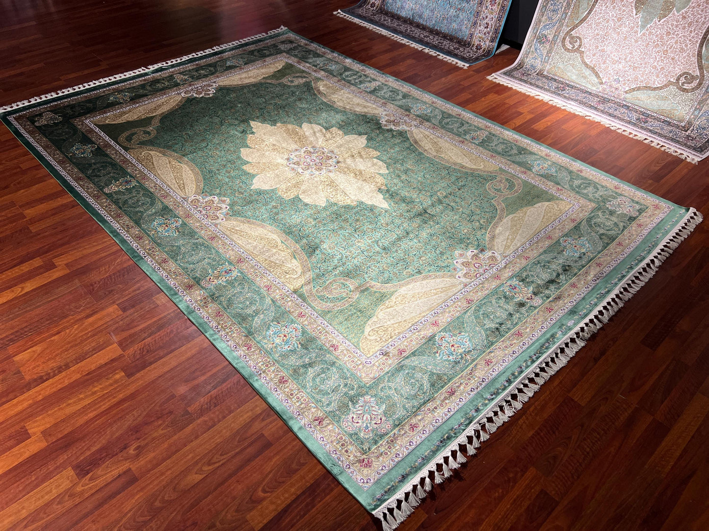 13x20 ft Green Gold Silk Rug, Luxury Large Area Rug, Elegant Medallion Living Room Rug, Classic Decorative Soft Carpet