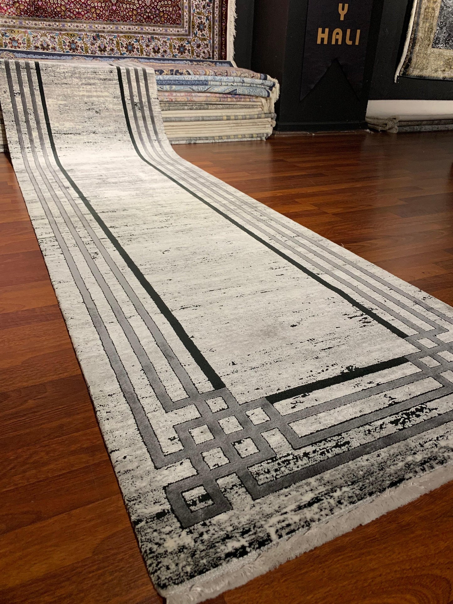 Gray Bamboo Runner Rug 3x10 Ft, Modern Hallway Carpet, Luxury Entryway Floor Decor