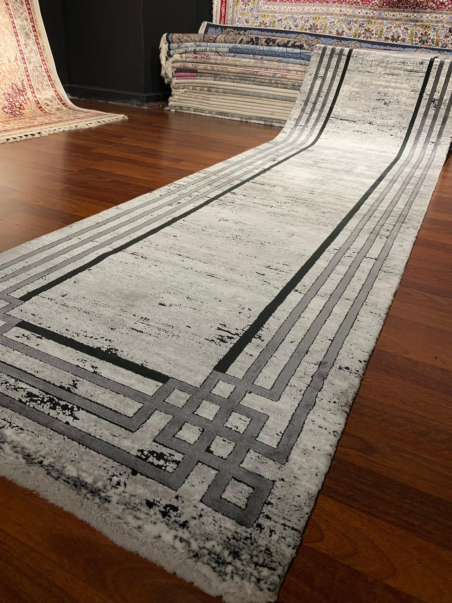 Gray Bamboo Runner Rug 3x10 Ft, Modern Hallway Carpet, Luxury Entryway Floor Decor