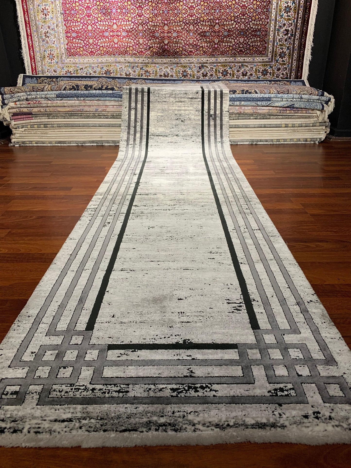 Gray Bamboo Runner Rug 3x10 Ft, Modern Hallway Carpet, Luxury Entryway Floor Decor