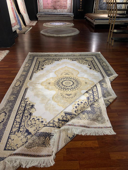 Gold Silk Rug 7x10, Luxury Living Room Rug, Turkish Silk Carpet, Palace Silk Rug, Large Rug
