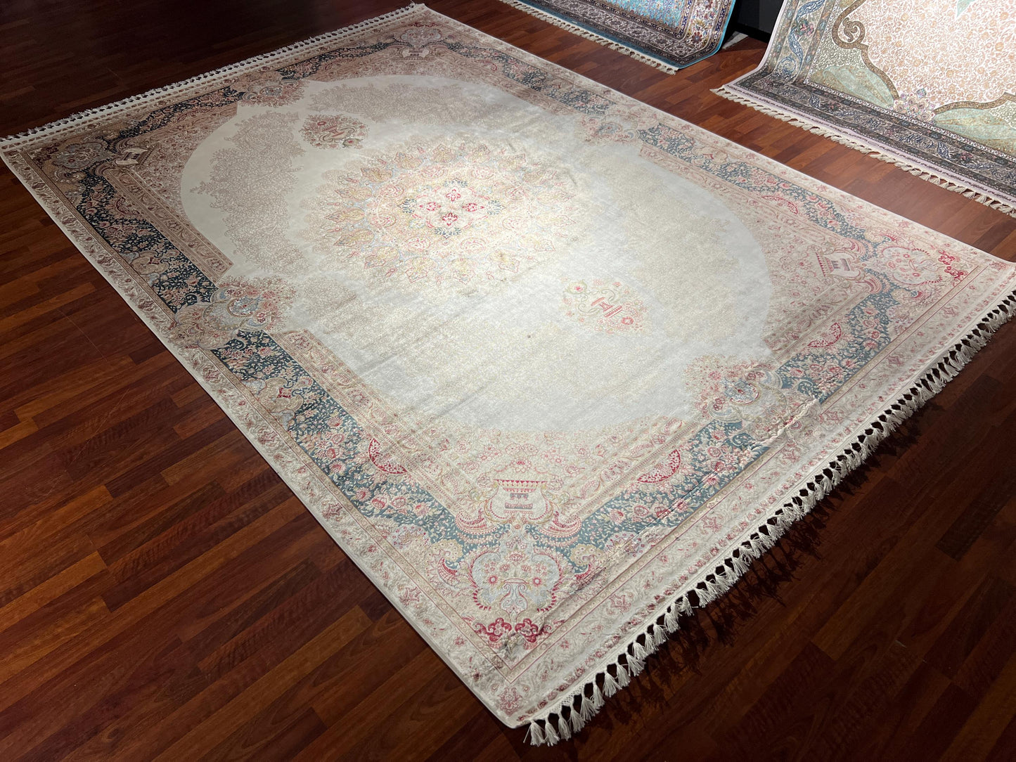 8x11 ft Cream Blue Silk Rug, Luxury Large Area Rug, Elegant Medallion Living Room Rug, Classic Soft Decorative Carpet