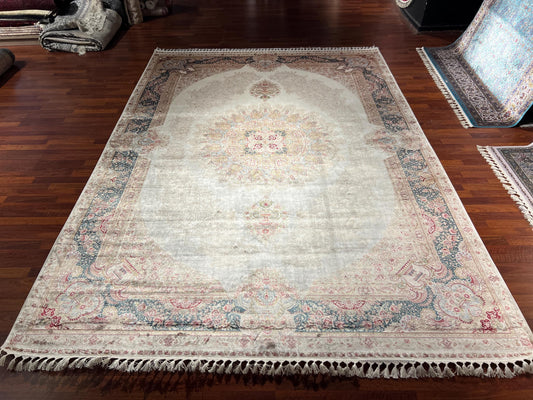 8x11 ft Cream Blue Silk Rug, Luxury Large Area Rug, Elegant Medallion Living Room Rug, Classic Soft Decorative Carpet