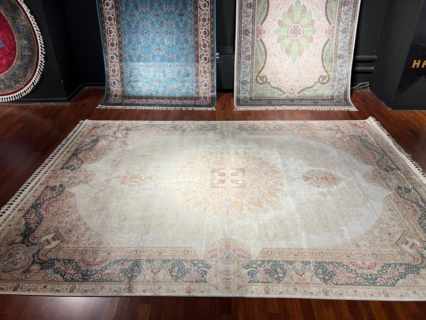 8x11 ft Cream Blue Silk Rug, Luxury Large Area Rug, Elegant Medallion Living Room Rug, Classic Soft Decorative Carpet