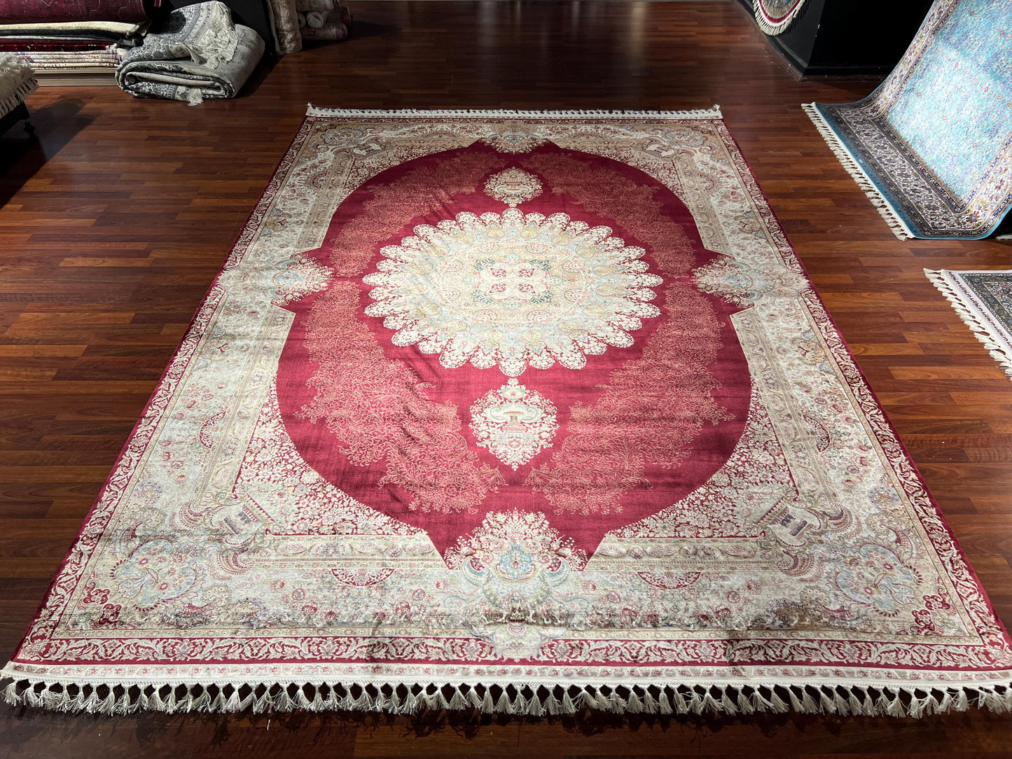 10x13 ft Red Cream Silk Rug, Luxury Large Area Rug, Elegant Medallion Living Room Rug, Classic Decorative Soft Carpet
