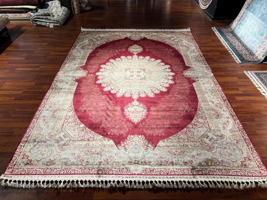 10x13 ft Red Cream Silk Rug, Luxury Large Area Rug, Elegant Medallion Living Room Rug, Classic Decorative Soft Carpet