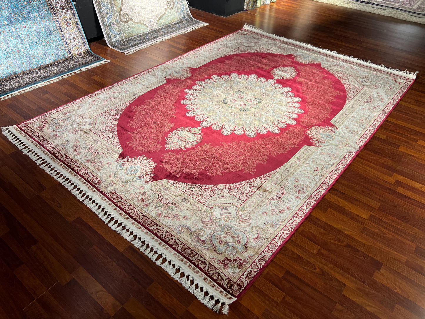 10x13 ft Red Cream Silk Rug, Luxury Large Area Rug, Elegant Medallion Living Room Rug, Classic Decorative Soft Carpet